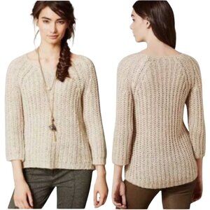 Anthropologie Knitted & Knotted Gold Sequin Chunky Knit Sweater Women's XS Ivory